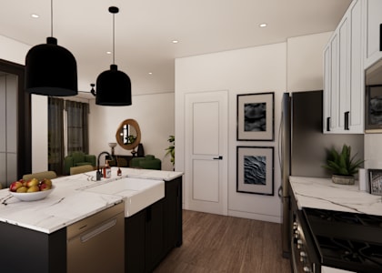 A modern kitchen with a white countertop and black cabinets.